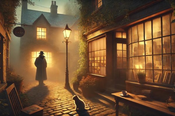 A quaint village bookstore at dusk with warm, golden light spilling onto a cobblestone street.